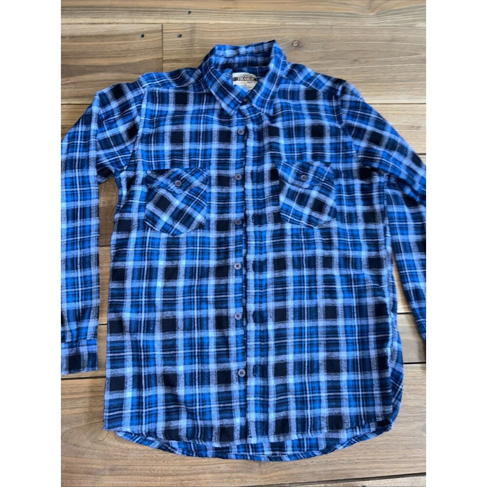 VTG Open Trails Flannel Mens Large Blue Black Button Up Shirt